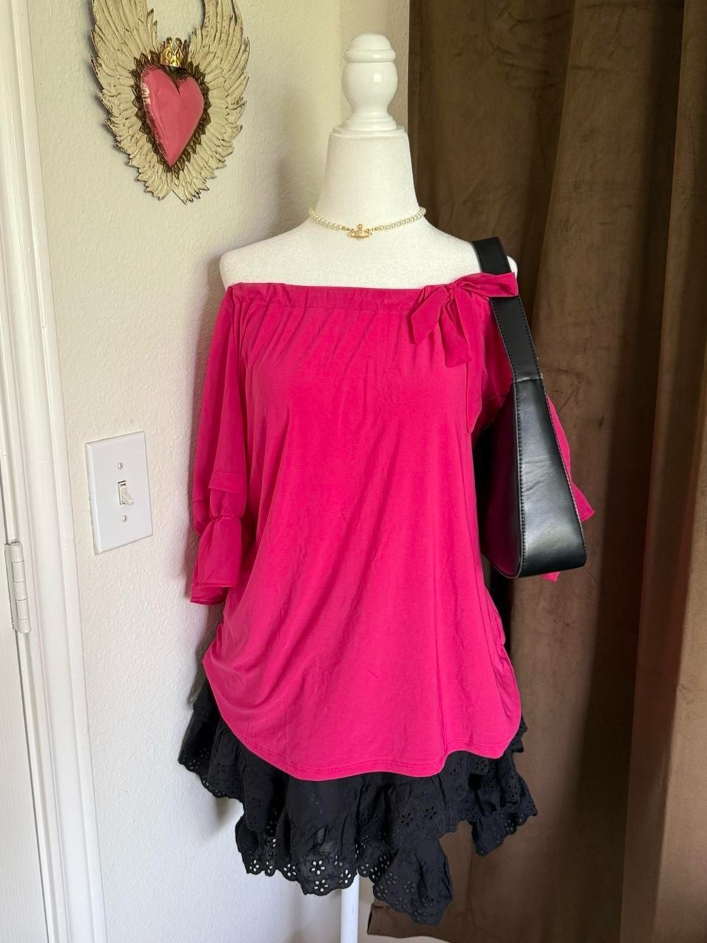 Liz Mccoy Off-Shoulder Bright Pink Women's Top with Bow Accent